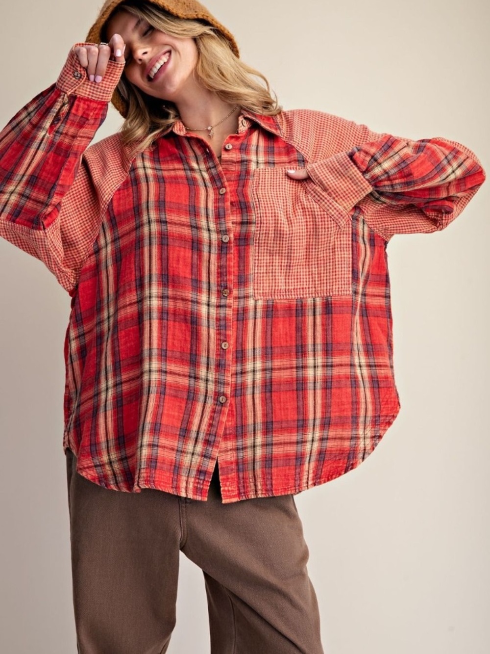 NEW EASEL PLAID MIX STRIPE COTTON GAUZE BOXY SHIRT FLANNEL LOOK OVERSIZED SMALL